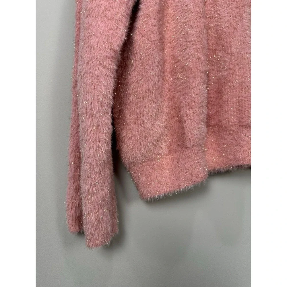 LOFT Women's Pink Fuzzy Knit Crewneck Sweater‎ Sparkle Metallic Gold L